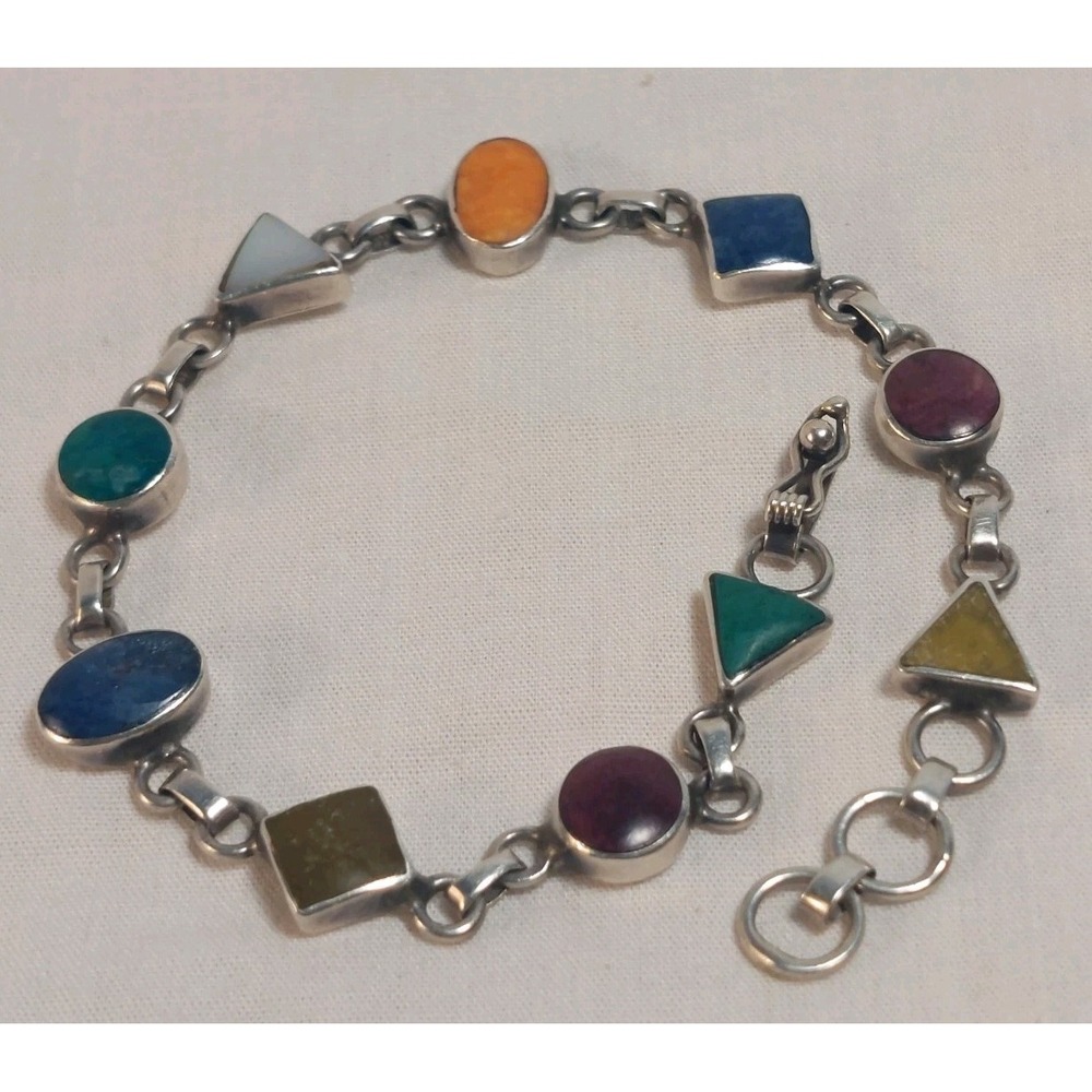 Vintage Bracelet 90s Sterling Silver Multi Stone Geometric Bezel Earthy Bohemian